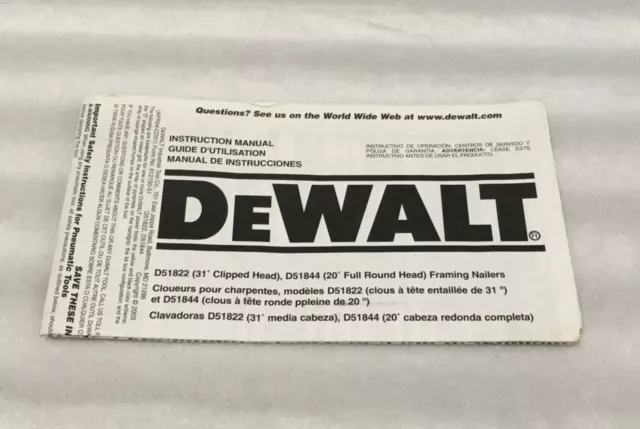 Dewalt Framing Nailer Instruction Manual / D51822 / D51844