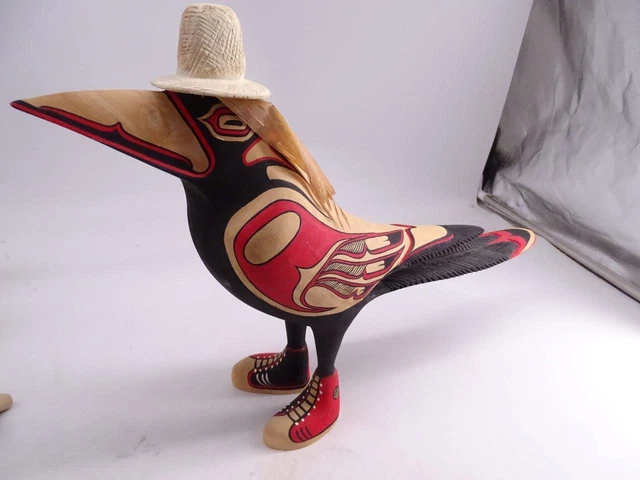 Native American Indian Northwest Matthew Yellowman Raven Bird Wood Carving Shoes