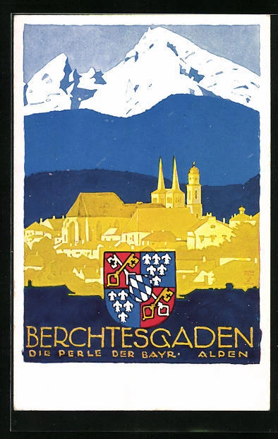 Künstler-AK Ludwig Hohlwein: Berchtesgaden, Ortsansicht gegen die Alpen, Wappen