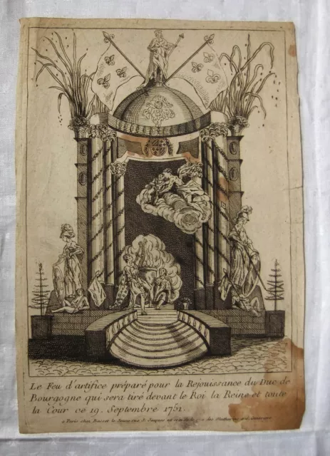 Gravure XVIIIè -Affiche annonce du feu d'artifice naissance louis de France 1751