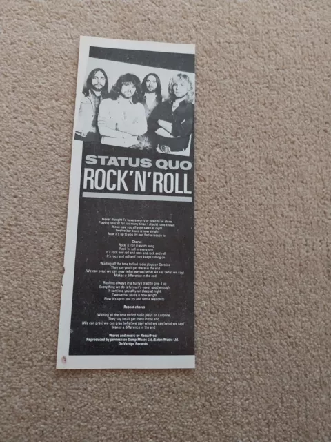 Tnewl58 Advert 11X4 Status Quo : 'Rock N Roll' Song Words