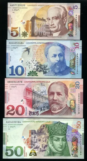 GEORGIA - SET of 4 Banknotes - 5 10 20 50 Lari 2019 2020 2021 P76 W77 78 79 UNC
