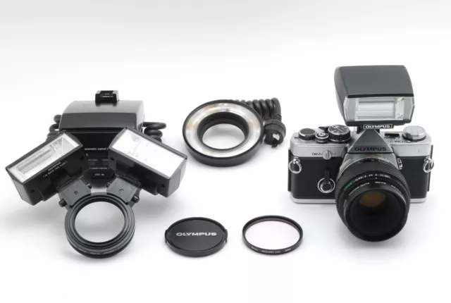 Near Mint Olympus OM2n SLR Film Camera w/Macro 50mm f/2 + T28 Macro Twin Flash 1
