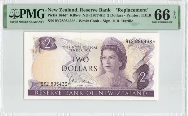 NEW ZEALAND 2 Dollars 1977-81, "Hardie" P-164d* Replacement, PMG 66 EPQ Gem UNC.