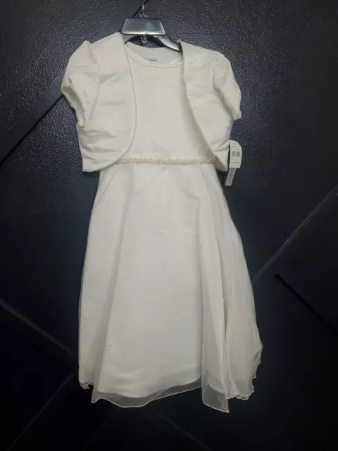Jayne Copeland Girls  Communion Cap Sleeved Satin Beaded Tulle White Dress Sz 10