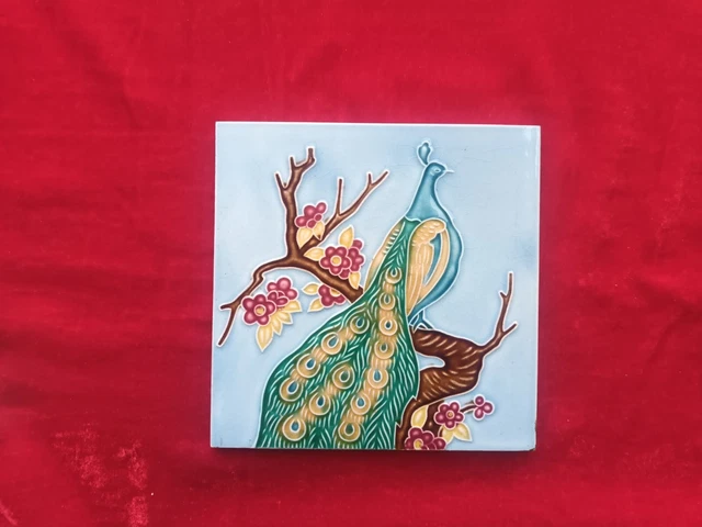 1 Piece Set  Peacock Design Old Art Deco Majolica Ceramic Tiles Japan 0317 6