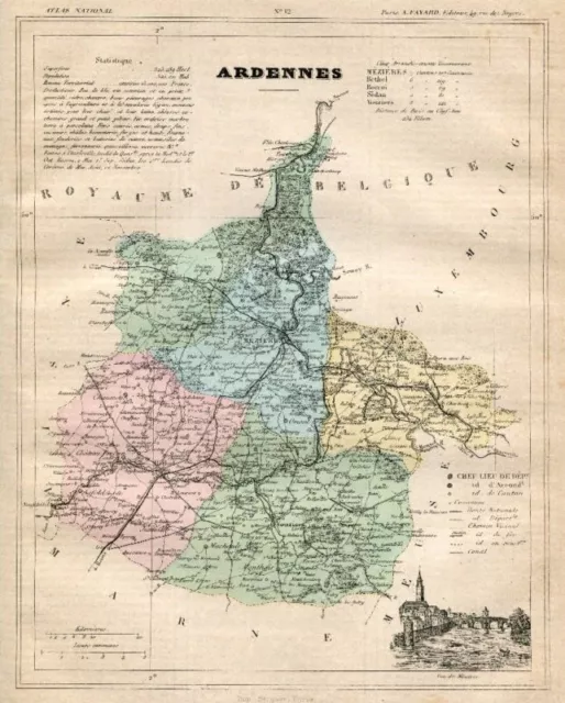 Genuine Original Antique 1877 France Hand Colored Map ARDENNES French Europe