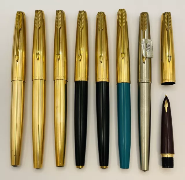 Lot 7 Vintage Parker 61 Fountain Pens, 14K gold nibs + Parts