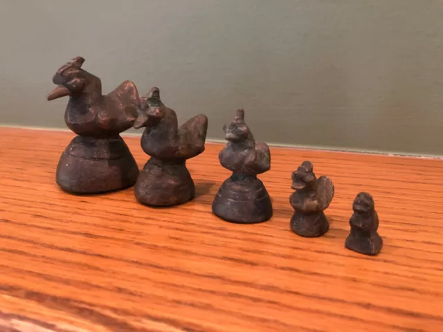 Antique Set of 5 Bronze Chickens / Ducks Opium Weights