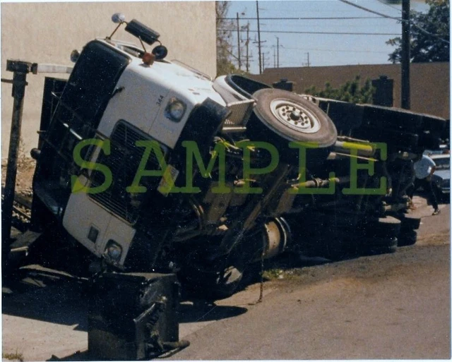 Lot of 3 Original Photographs of Wrecked ROLLED OVER LUMBER TRUCK in Town