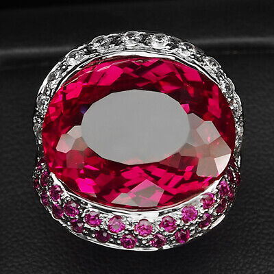 Topaz Pink Raspberry Oval 24.60 Ct. Ruby Sapp 925 Sterling Silver Ring Size 7.5