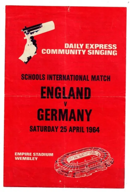 England v Germany Song Sheet 1964 April 25th schools international songsheet