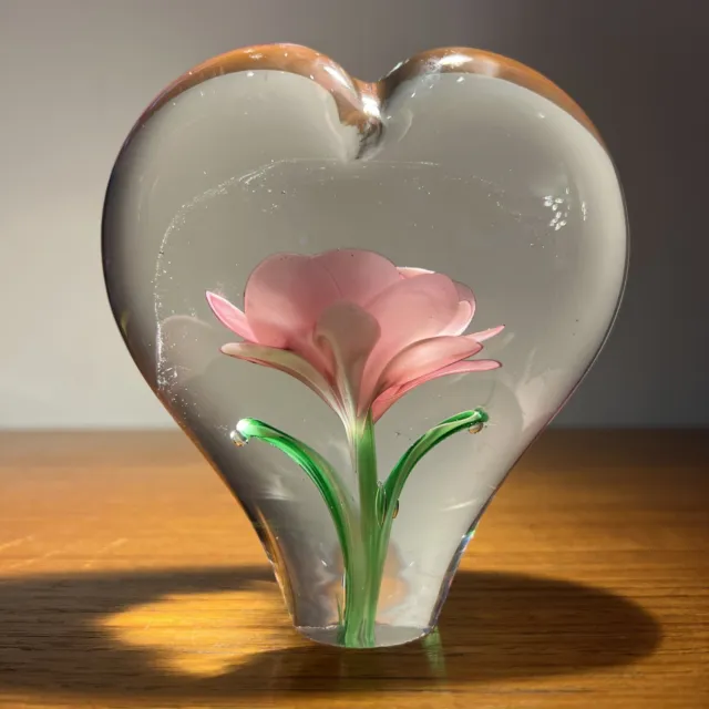 Large Vintage Hand Blown HEART SHAPE Art Glass PAPERWEIGHT, Cased PINK ROSE