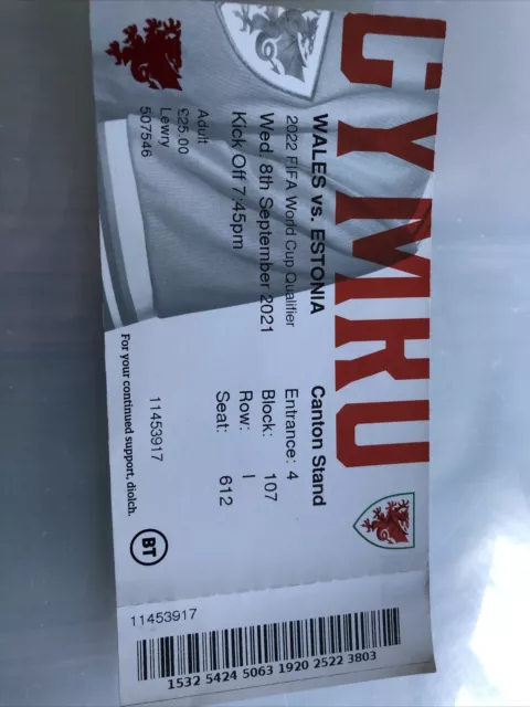 Wales v Estonia World Cup Qualifier 8th Sep 2021..Match Ticket