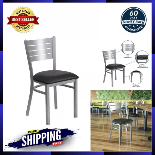 HERCULES Series Silver Slat Back Metal Restaurant Chair - Black Vinyl Seat