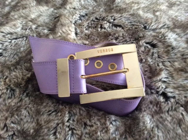 VERSUS VERSACE Purple Leather & Gold-Tone Buckle Belt - Made In Italy