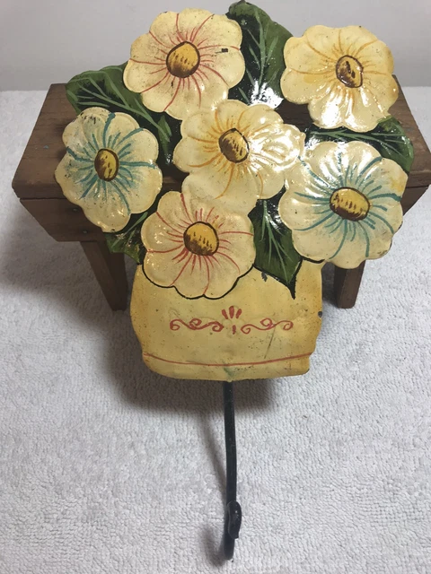 Vintage Hand Painted Flower Leaf Hook Wall Art Metal Hanger Key Coat Key Hat