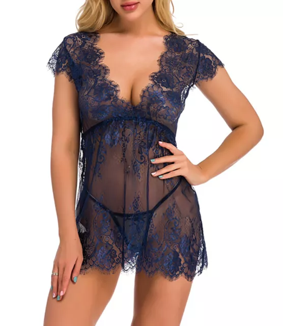 Nuisette dentelle blue lingerie sexy picardias chemise women chic glam