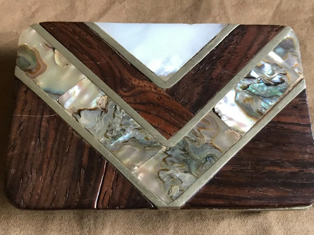 Vintage Brass Belt Buckle Mother of Pearl Inlaid Wood Mexico Hallmarked