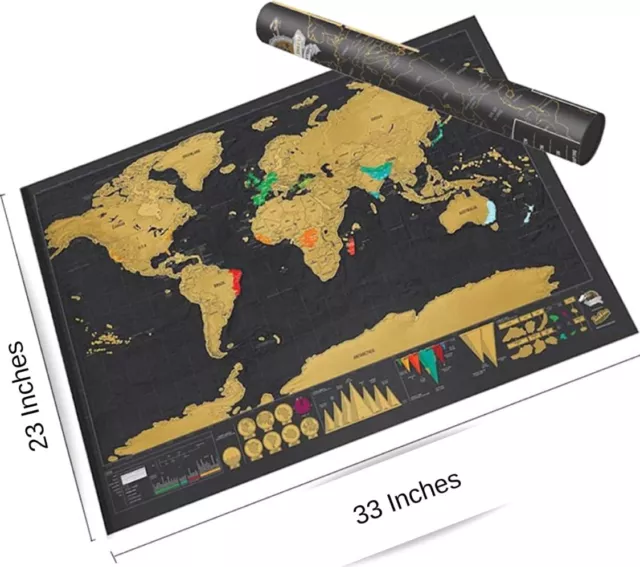 Deluxe World Map Traveler Scratch Off US States plus Country Flags -Big 32"