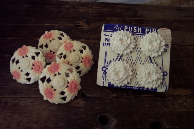 vintage 1.75"  pink plastic flower curtain push pin tie backs & 1" white mums