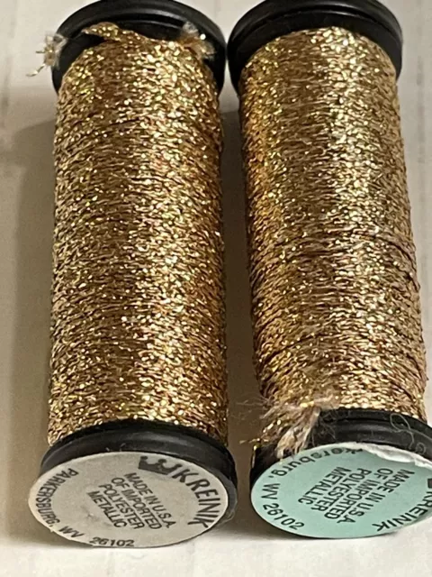 2 Kreinik Metallic Embroidery 1/16” Ribbon Thread! Antique Gold 11 Yds Each