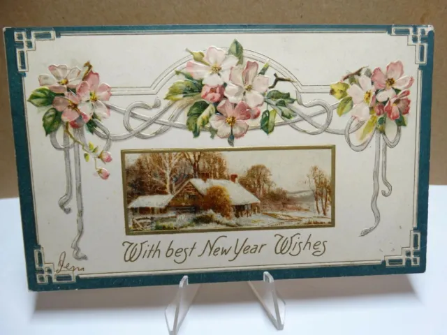 New Year Wishes Peaceful Cottage Scene Postcard 1907