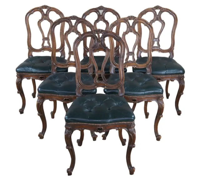 6 Antique French Louis XV Serpentine Walnut Tufted Leather Dining Chair Set
