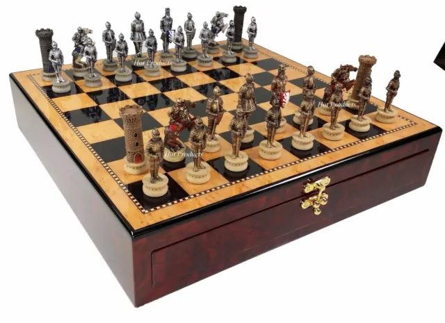 Medieval Times Crusades WARRIOR KNIGHT Chess Set 17" Walnut Color Storage Board