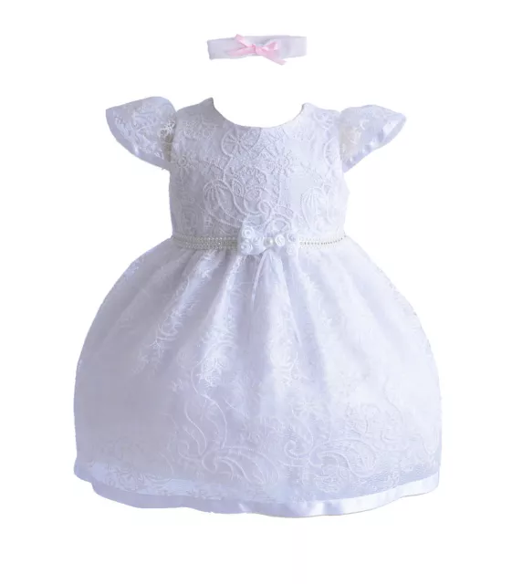 Robe de fête de baptême en dentelle fille et bandeau blanc ivoire 0 3 6 12 18 24 mois