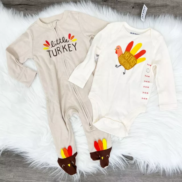 Old Navy Baby Infant 3-6M Thanksgiving Turkey Footie Long Sleeve Bodysuit Bundle