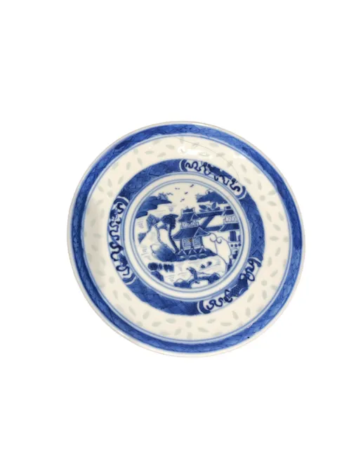 Antique Pagoda Blue/White Chinese Rice Grain 6” Plate Signed