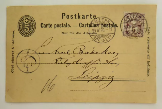 Baedecker-Verlag. Schweiz - Postkarte - 5+5 Rappen  von  Luzern nach LEIPZIG