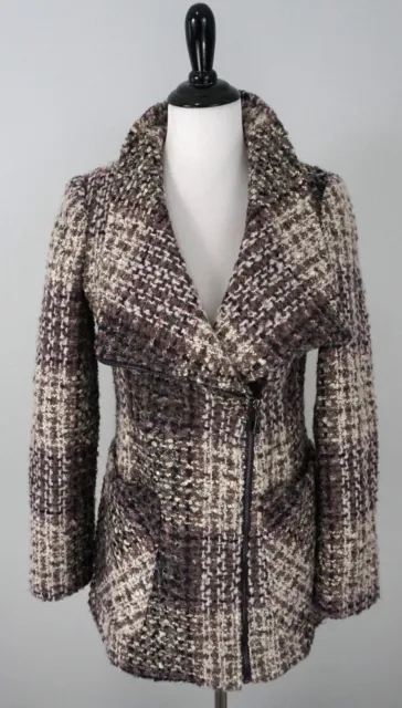 Jessica Simpson Brown White Purple Plaid Knit Tweed Wool Blend Pea Coat Small