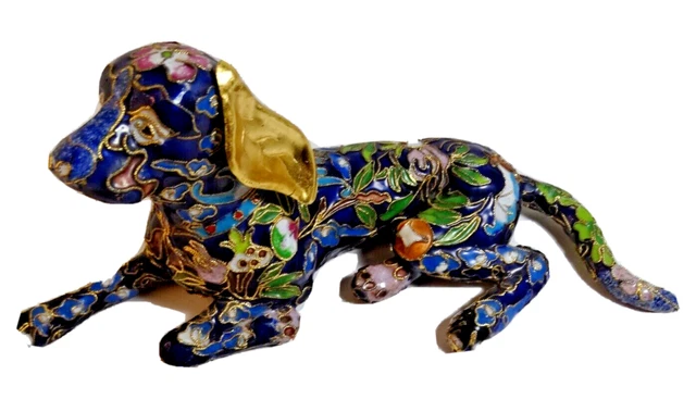Rare Cloisonné Sculpture Floral Dog with Dragon on Back Blue & Gold
