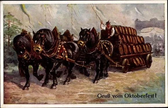 Künstler Ak Gruß vom Oktoberfest, Pferdewagen, Bierkutsche - 4018713