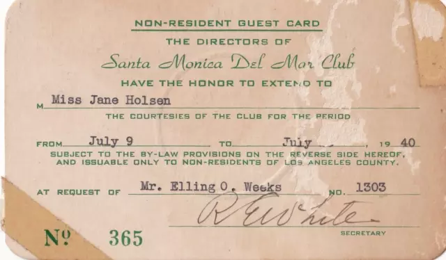 Non-Resident Guest Card, Santa Monica Del Mar Club, July 1940, California