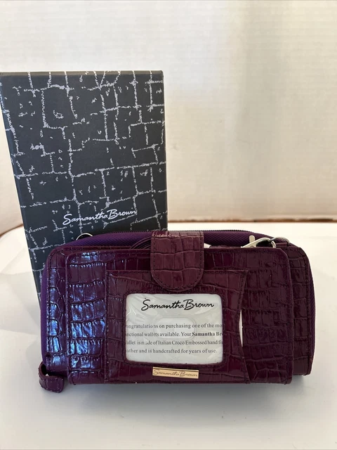 Samantha Brown Purple Embossed Croc Leather Crossbody Wristlet Organizer Wallet