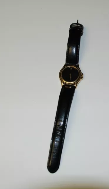 Woman's Swiss MOVADO Gold Plated Black Leather Band QUARTZ Watch 87-E4-0823
