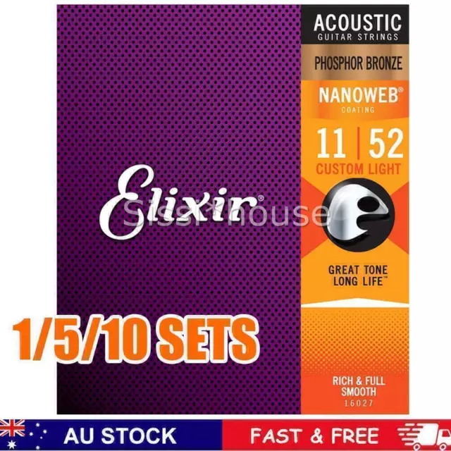 Elixir Nanoweb 11-52 Phosphor Bronze Acoustic GUITAR STRINGS Custom Light 16027,