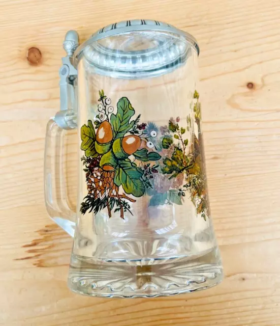 Bier Humpe Krug Glas Kristall Zinn Deckel Humpen Henkel Blumen Ähren Gravur Wald