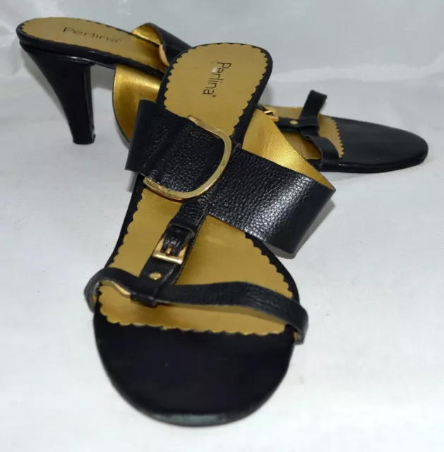 Perlina Black Pebbled Leather Strappy Buckle Womens Heels Sz 8.5 M