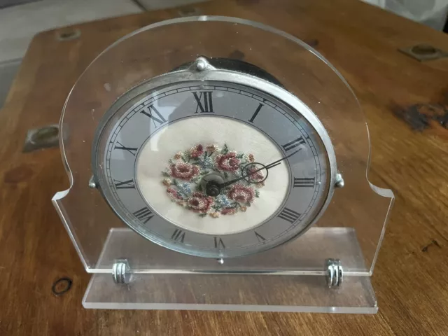 Lovely Art Deco Perspex And Chrome Mantle Clock With Petit Point Centre… Working