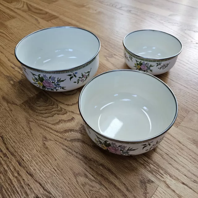 3 Piece Set Kitchen Metal Enamel Nesting Mixing Bowls Floral Vintage