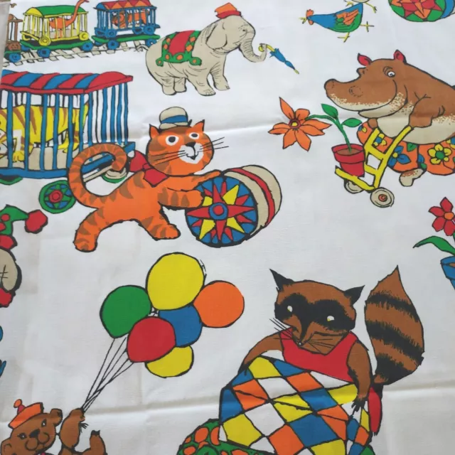 60'S Fabric Animal Circus Primary Colors Bear Fox Dogs Birds Elephants 1 1/8 Yds