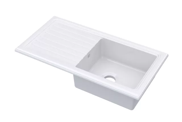 Ceramic Single Bowl Kitchen Sink & Grooved Drainer - White - 1010mm