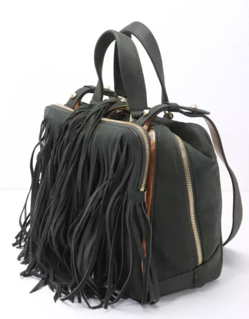 THE VOLON $1600 Medium SHU SHU Dark Forest Green Leather Fringe Satchel Bag NEW