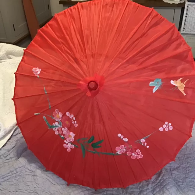 Vintage Fabric Japanese Style Parasol Wooden Handle Sun Umbrella Floral