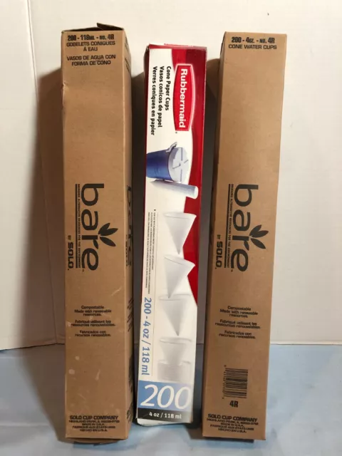 SET of 3 Boxes Total 600 Cone Paper Water Cups 4 oz. Rubbermaid & Bare Solo UPST