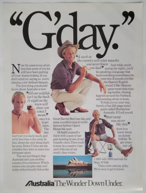 Australia Travel Tourism G'day Paul Hogan Original 1986 Ad New Yorker 8x11"